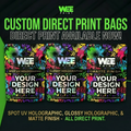Promotional image of premium custom mylar bags with colorful design and text about printing options.
