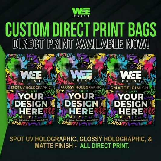 Promotional image of premium custom mylar bags with colorful design and text about printing options.