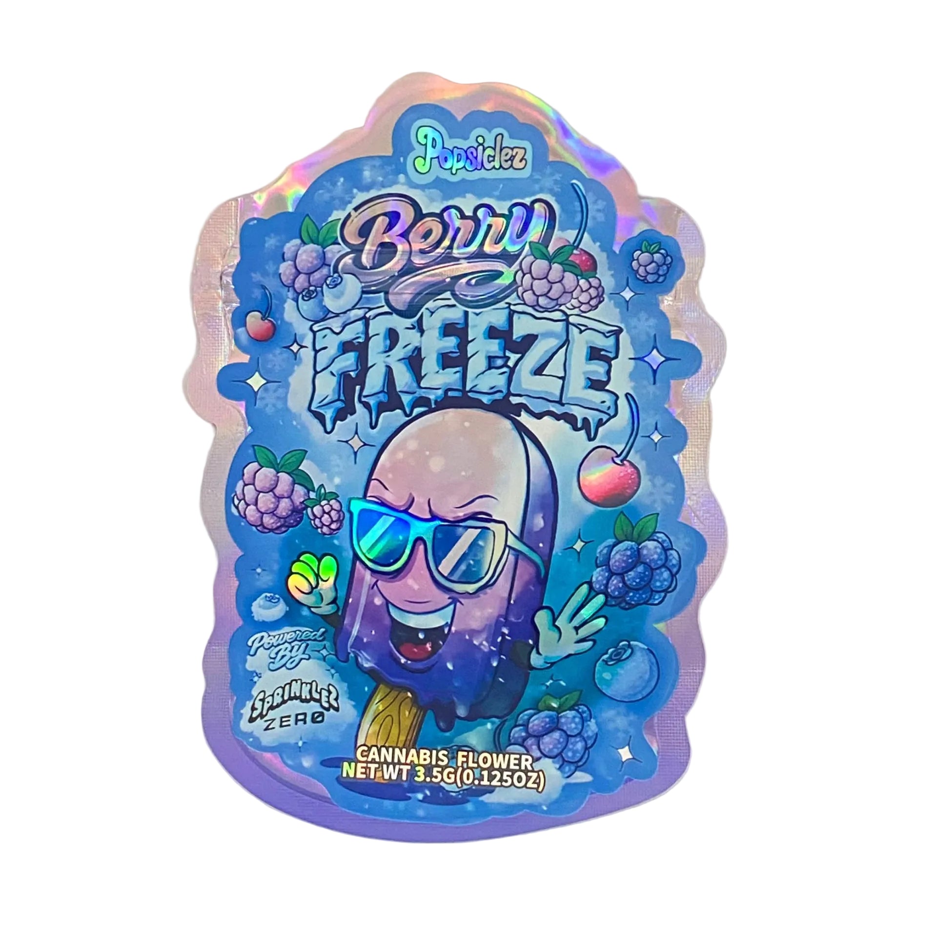 Holographic packaging of 'Berry Freeze' cannabis flowers with cartoon character on a white background
