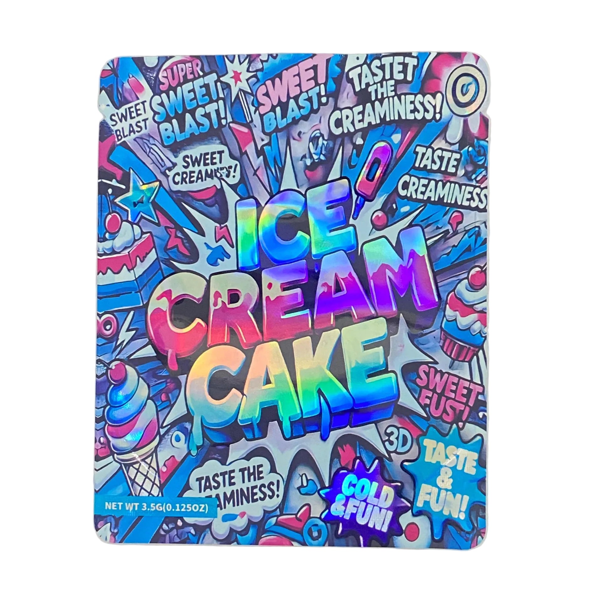 Colorful packaging of ice cream cake with text on a white background