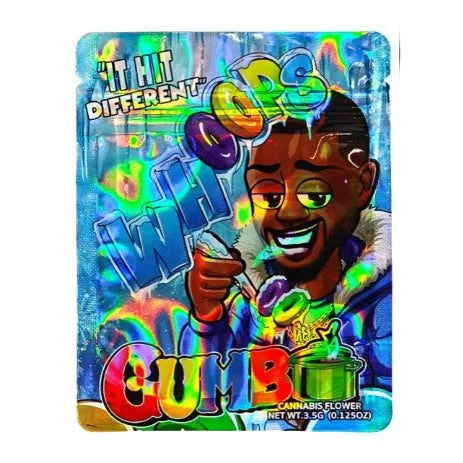Colorful packaging with a cartoon character holding a featuring text and brand name. Gumbo
