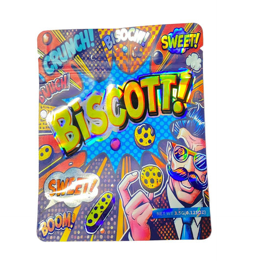 Colorful packaging of Biscotti with vibrant text and graphics on a white background
