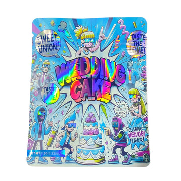 Colorful packaging of 'Wedding Cake' with cartoon characters and text on a white background
