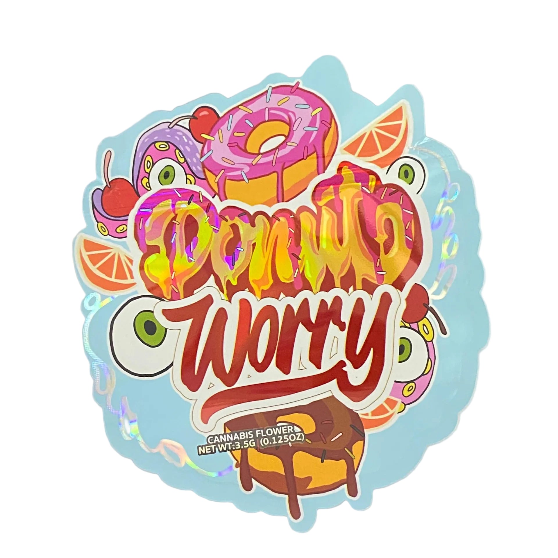 Colorful sticker with 'Donut Worry' text and candy-themed graphics on a light blue background