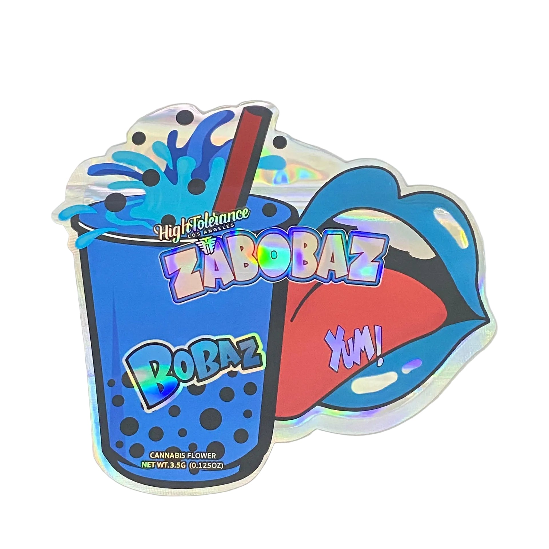 Holographic Zabobaz product packaging with blue cup and red lips on a light gray background