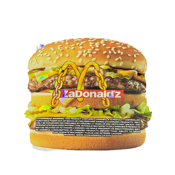 Product packaging with a burger design and 'ZaDonaldz' branding on a white background