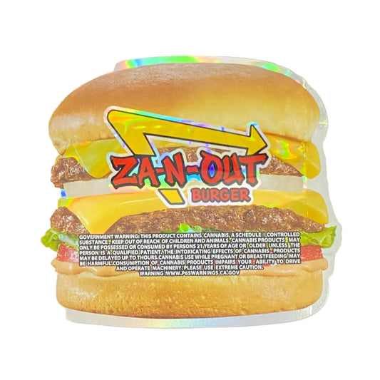Holographic burger-shaped container with 'Za-N-Out' branding on a white background