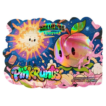 A colorful cartoon-style product label or packaging artwork featuring a smiling pink peach with a green leaf and the text 'Don Merfos Exotics' and 'PinkRunts.' The design includes a sun, splashes, stars, and additional decorative text on a dark blue background.
