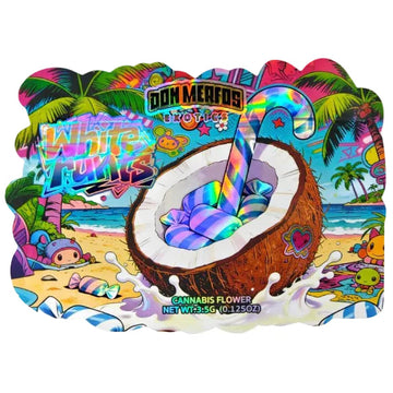 A colorful illustrated package design for Don Merfolb Noveltyz White Fluffz cannabis flower, featuring a coconut cup filled with pastel candy-colored substance, tropical beach scene, candy cane, and bold neon text.