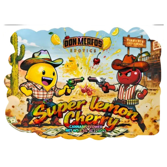 A colorful illustrated product label or packaging artwork for Don Merfos Exotics 'Super Lemon Cherry' cannabis flower. The design shows a cartoon lemon cowboy and a cartoon cherry cowboy facing each other with pistols in a western desert scene with cactus, lemon slices, cherries, and bold title text.