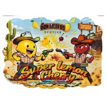 A colorful illustrated product label or packaging artwork for Don Merfos Exotics 'Super Lemon Cherry' cannabis flower. The design shows a cartoon lemon cowboy and a cartoon cherry cowboy facing each other with pistols in a western desert scene with cactus, lemon slices, cherries, and bold title text.